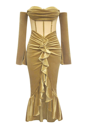 Khaki Bodycon Sweetheart Velvet Corset Ruffled Asymmetrical Prom Dress with Long Sleeves