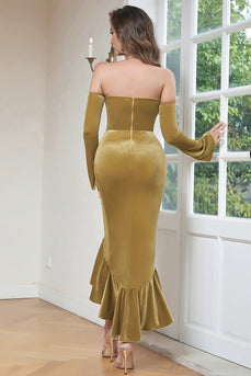 Khaki Bodycon Sweetheart Velvet Corset Ruffled Asymmetrical Prom Dress with Long Sleeves