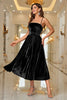 Load image into Gallery viewer, Black Velvet A Line Spaghetti Straps Tea Length Prom Dress