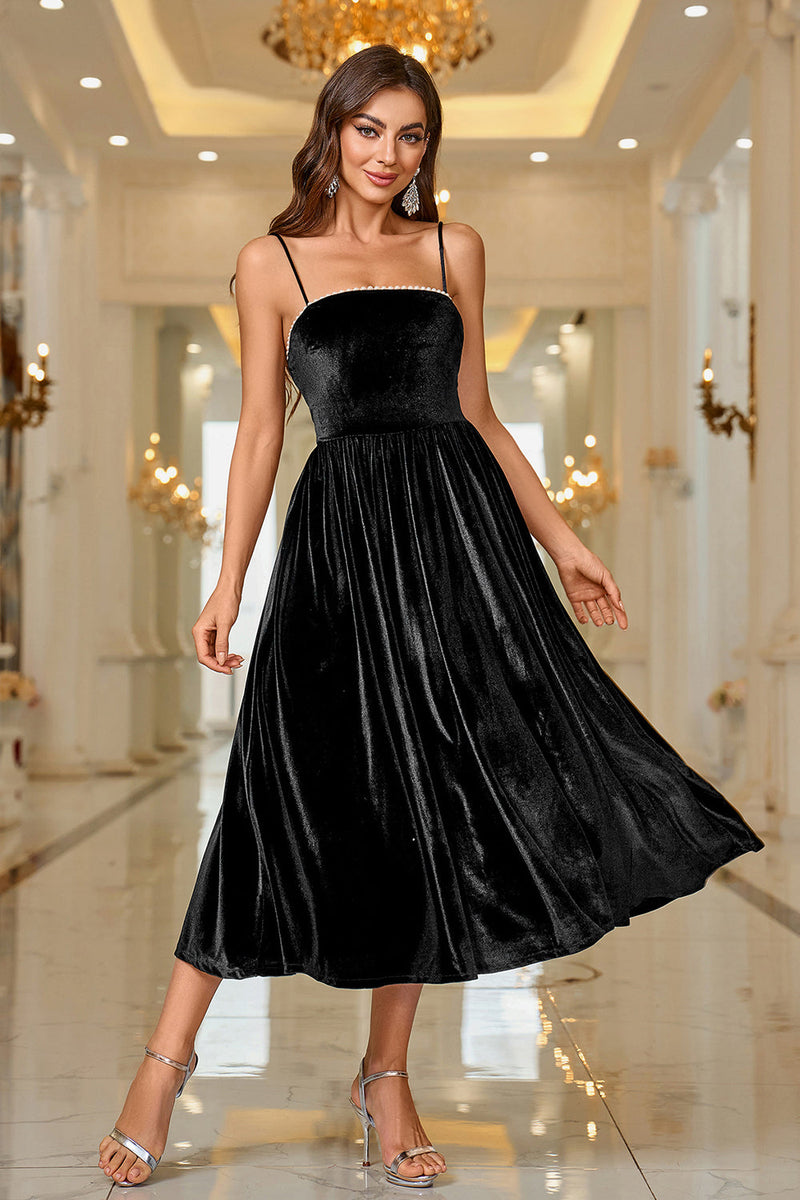 Load image into Gallery viewer, Black Velvet A Line Spaghetti Straps Tea Length Prom Dress