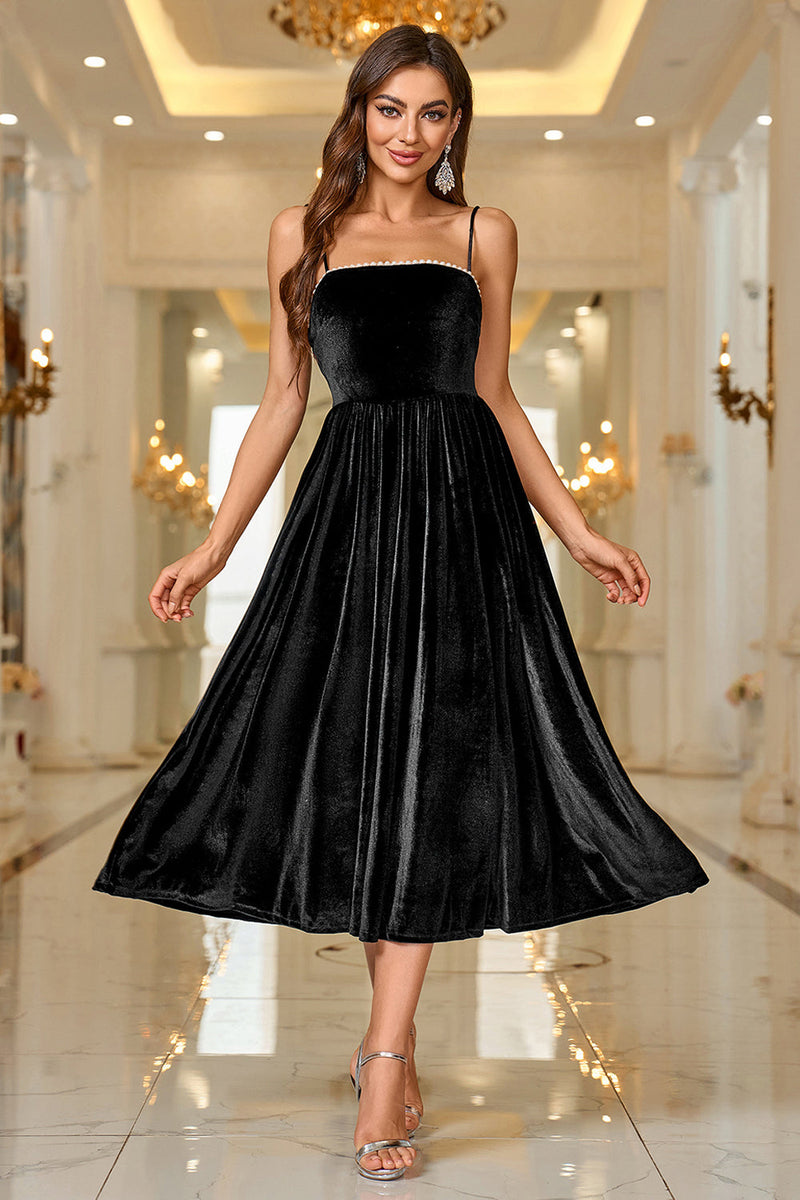 Load image into Gallery viewer, Black Velvet A Line Spaghetti Straps Tea Length Prom Dress