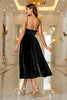 Load image into Gallery viewer, Black Velvet A Line Spaghetti Straps Tea Length Prom Dress