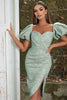 Load image into Gallery viewer, Green Sweetheart Neck Puff Sleeve Cocktail Party Dress with Side Slit