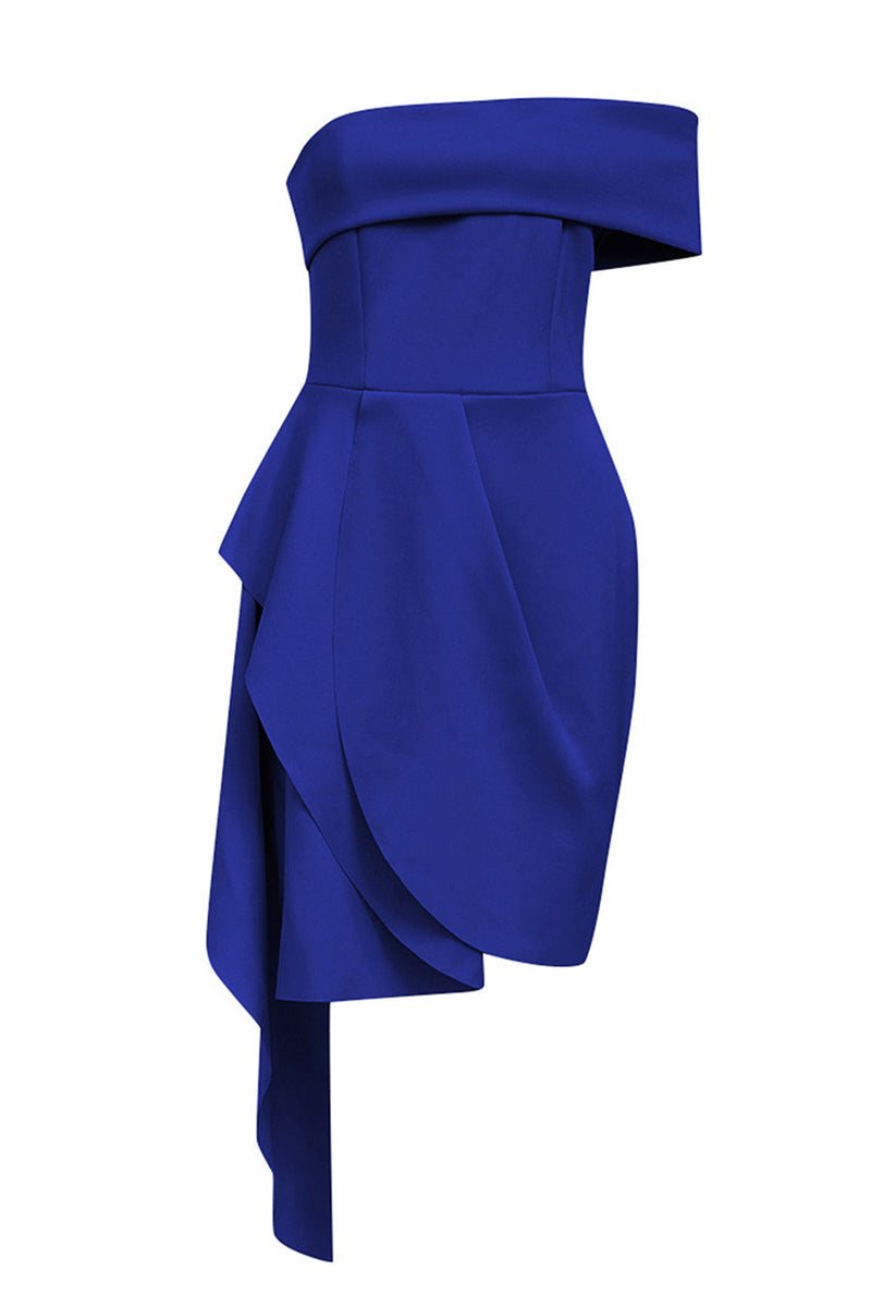 Load image into Gallery viewer, Blue Bodycon Strapless Solid Asymmetrical Graduation Dress