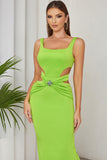 Green A Line Square Neck Hollow Out Pleated Long Prom Dress