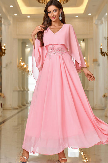 Elegant Pink A Line V Neck Shawl Sleeve Long Prom Dress