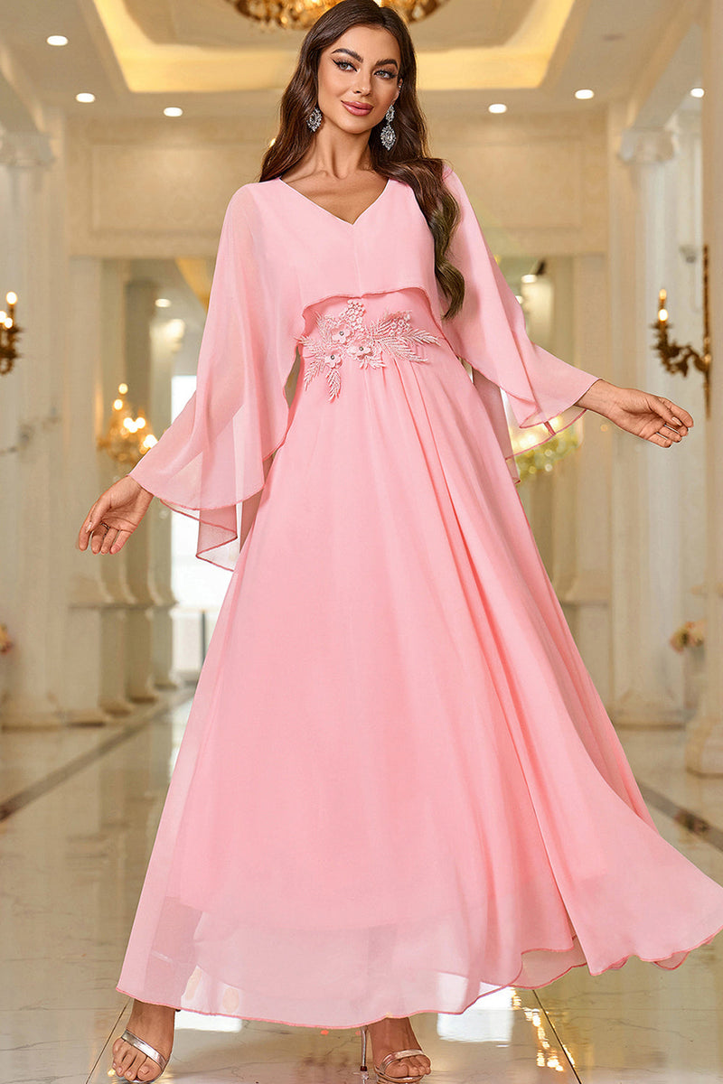 Load image into Gallery viewer, Elegant Pink A Line V Neck Shawl Sleeve Long Prom Dress