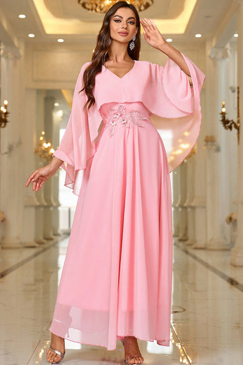 Elegant Pink A Line V Neck Shawl Sleeve Long Prom Dress