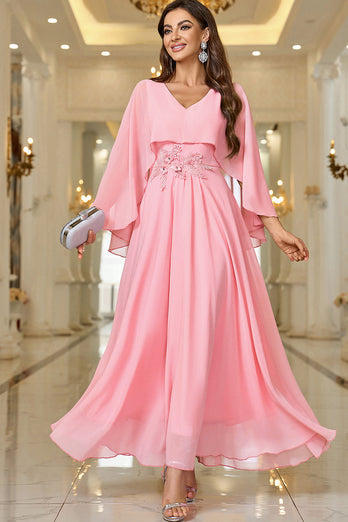 Elegant Pink A Line V Neck Shawl Sleeve Long Prom Dress