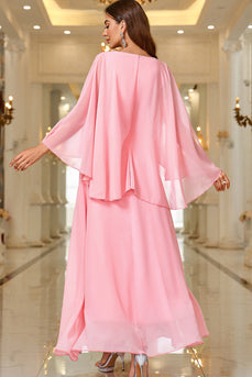 Elegant Pink A Line V Neck Shawl Sleeve Long Prom Dress