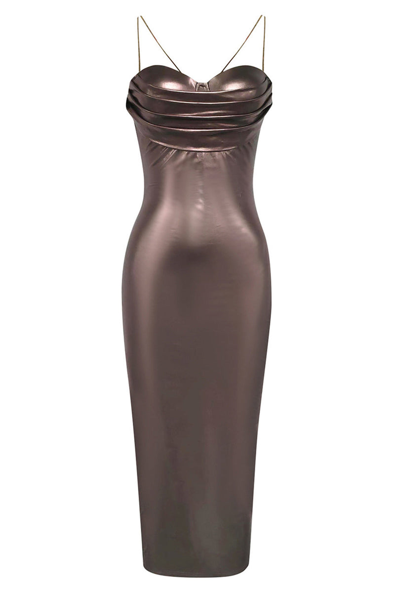 Load image into Gallery viewer, Dark Brown Bodycon Spaghetti Straps Long Prom Dress with Slit