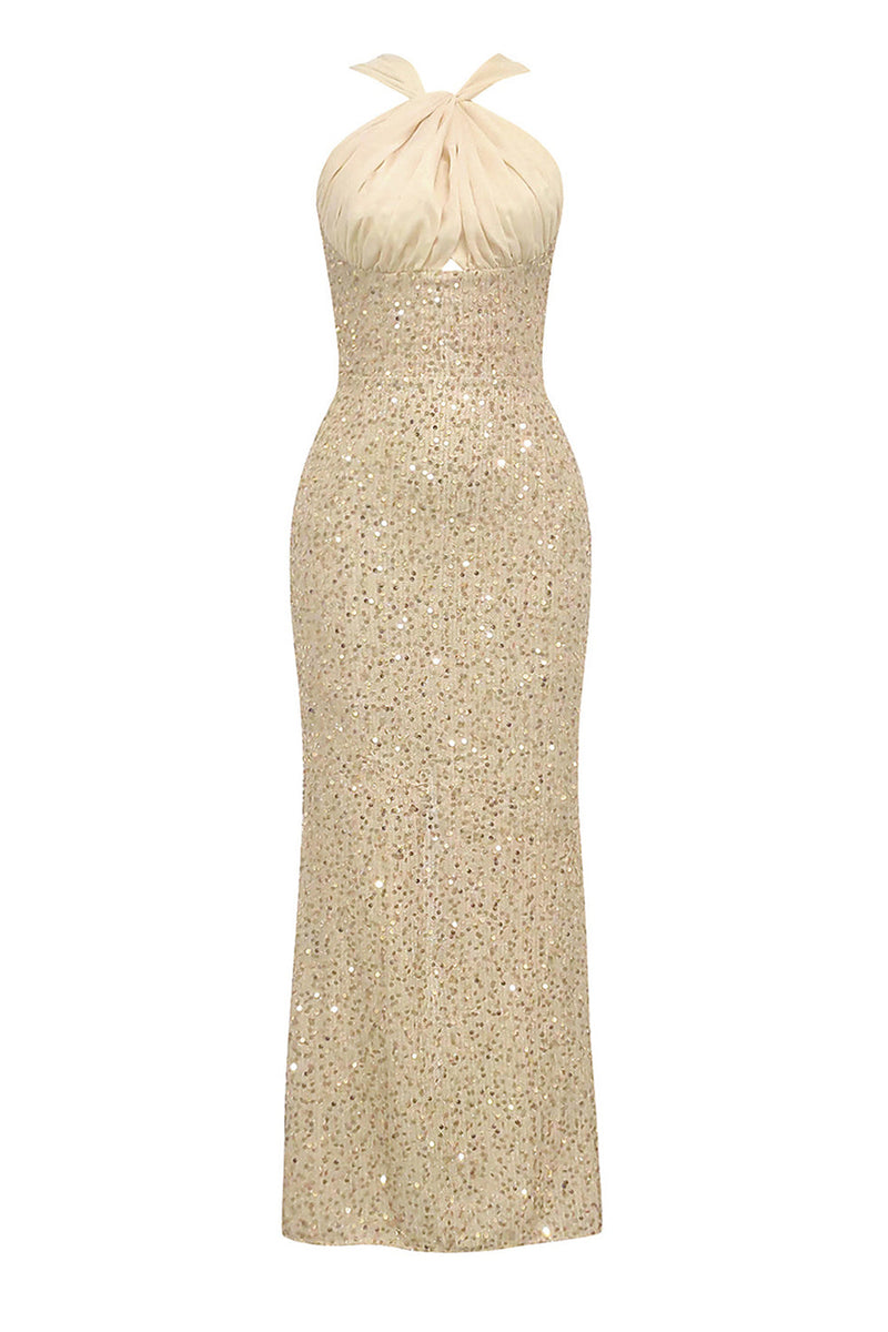 Load image into Gallery viewer, Sparkly Apricot Mermaid Halter Sequins Long Prom Dress with Slit