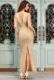 Sparkly Apricot Mermaid Halter Sequins Long Prom Dress with Slit