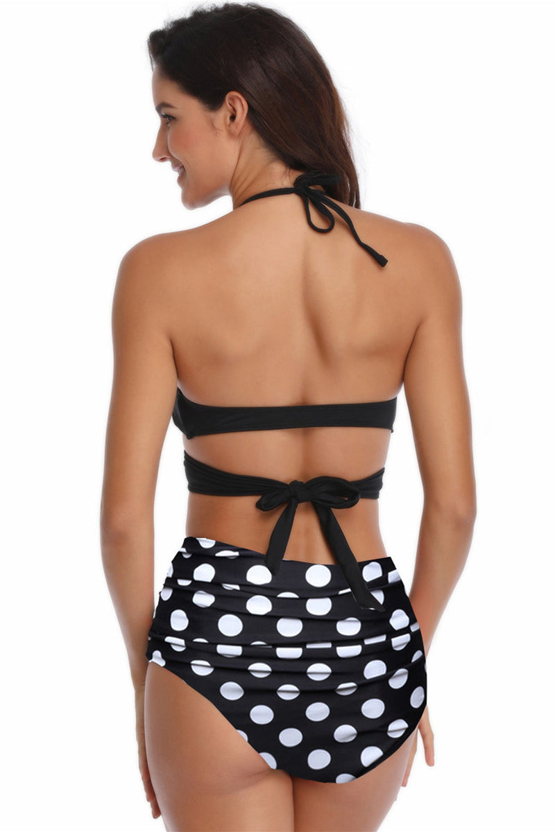 Load image into Gallery viewer, Black and White Polka Dots Halter Criss Cross Two Pieces Bikini Swimsuit