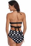 Black and White Polka Dots Halter Criss Cross Two Pieces Bikini Swimsuit