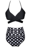 Black and White Polka Dots Halter Criss Cross Two Pieces Bikini Swimsuit