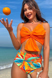 Orange Beach Vacation Tropical Plant Print Front Knot Bikini Set