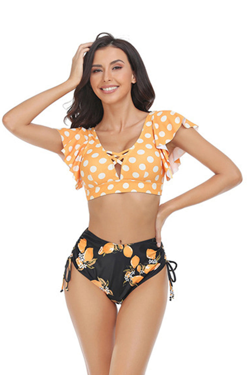 Load image into Gallery viewer, Orange and White Polka Dots Printed Two Piece Swimsuit with Ruffle Sleeve