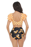 Orange and White Polka Dots Printed Two Piece Swimsuit with Ruffle Sleeve