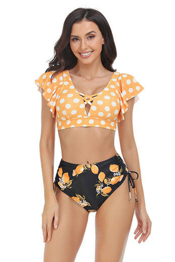 Orange and White Polka Dots Printed Two Piece Swimsuit with Ruffle Sleeve