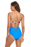 Blue Spaghetti Straps One Piece Print Floral High Waist Swimsuit