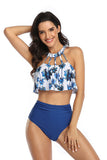 Floral and Plain Halter Falbala High Waist Two Piece Bikini Set Swimsuit