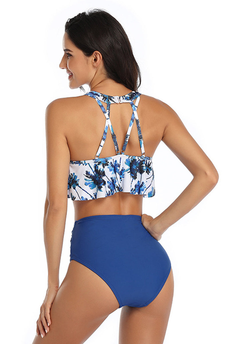 Load image into Gallery viewer, Floral and Plain Halter Falbala High Waist Two Piece Bikini Set Swimsuit