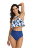 Load image into Gallery viewer, Floral and Plain Halter Falbala High Waist Two Piece Bikini Set Swimsuit