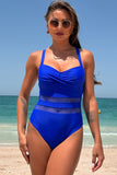 Blue Spaghetti Straps Criss Cross Hollow Out Tummy Control One Piece Swimsuit