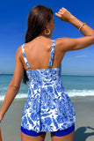 Summer Beach Blue V Neck Print Vest Style Tankini Swimsuit