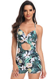 Tropical Print Cut Out Drawstring Side One Piece Swimsuit