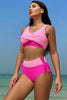 Load image into Gallery viewer, Pink Fuchsia Color Block High Waisted Twist Front Two Piece Swimsuits