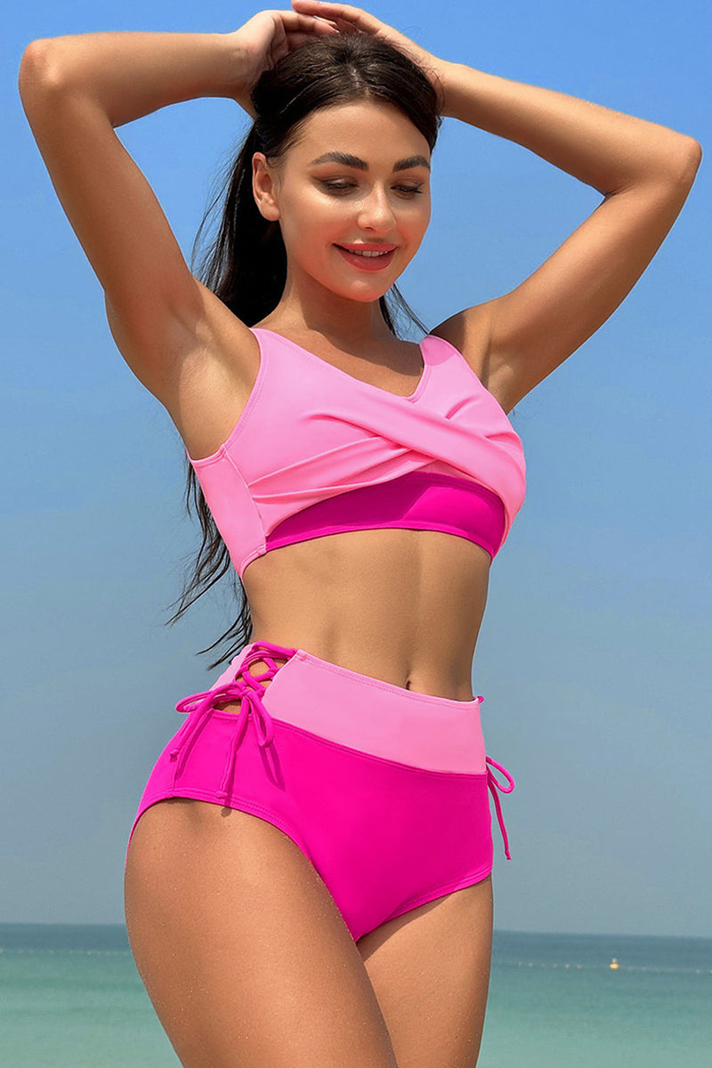 Load image into Gallery viewer, Pink Fuchsia Color Block High Waisted Twist Front Two Piece Swimsuits