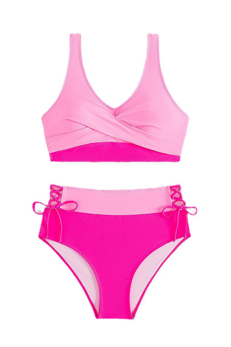 Load image into Gallery viewer, Pink Fuchsia Color Block High Waisted Twist Front Two Piece Swimsuits