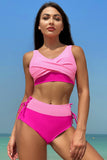 Pink Fuchsia Color Block High Waisted Twist Front Two Piece Swimsuits