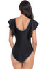 Load image into Gallery viewer, Black Deep V-Neck One-Piece Tummy Control Swimsuit with Ruffle Sleeve