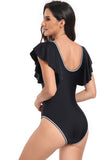 Black Deep V-Neck One-Piece Tummy Control Swimsuit with Ruffle Sleeve