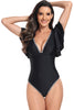 Load image into Gallery viewer, Black Deep V-Neck One-Piece Tummy Control Swimsuit with Ruffle Sleeve