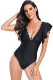 Black Deep V-Neck One-Piece Tummy Control Swimsuit with Ruffle Sleeve