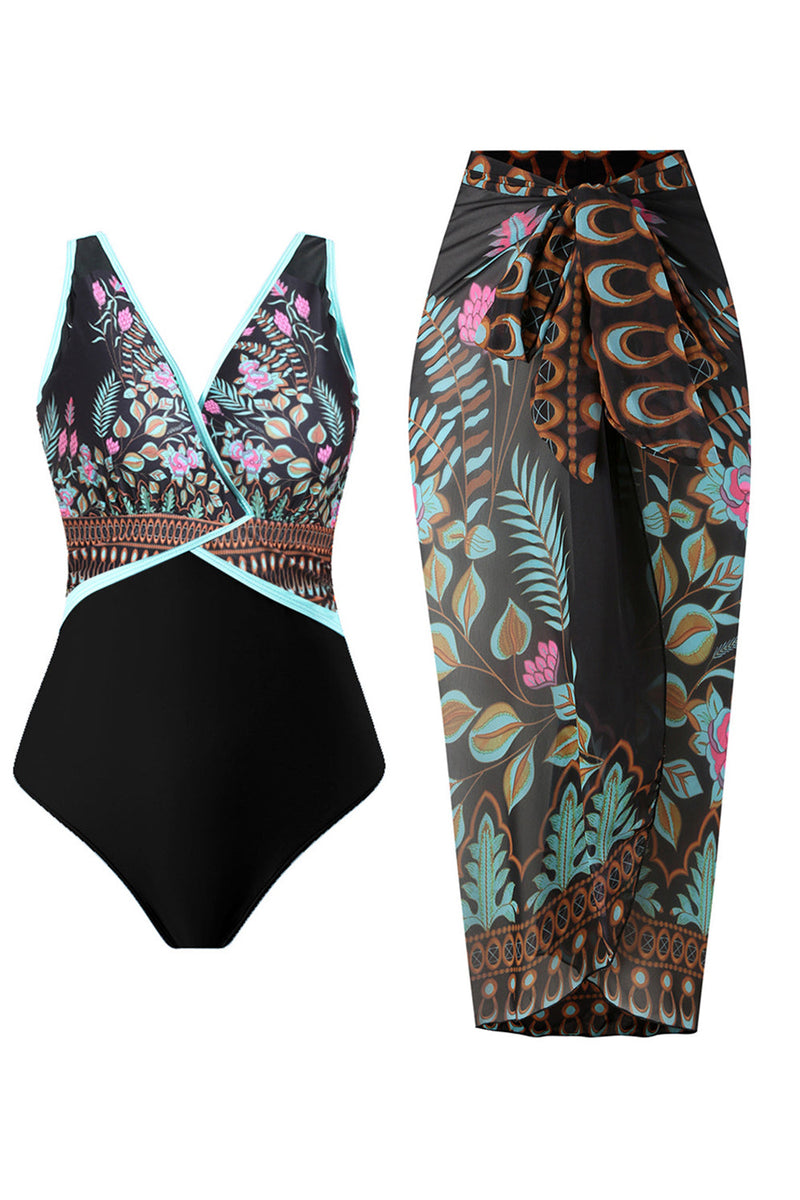 Load image into Gallery viewer, Black Flower 2-Piece Boho Push Up Print Halter Strap Swimsuits