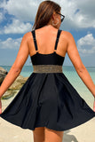 Black Color Block Tankini Set Stitched Detail Swimsuit