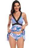 Green Wide Strap V Neck Print Tankini Two Piece Swimsuits