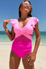 Load image into Gallery viewer, Hot Pink Color Block Criss Cross High Waisted One Piece Swimsuits with Ruffle Sleeve