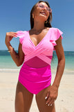 Hot Pink Color Block Criss Cross High Waisted One Piece Swimsuits with Ruffle Sleeve