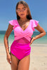 Load image into Gallery viewer, Hot Pink Color Block Criss Cross High Waisted One Piece Swimsuits with Ruffle Sleeve