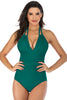 Load image into Gallery viewer, Green Deep V Neck Halter Tummy Control One Piece Swimsuit