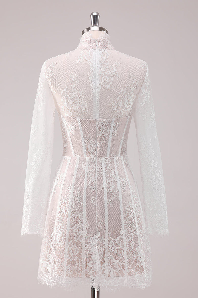 Load image into Gallery viewer, White Lace High Neck Corset Short Graduation Dress with Long Sleeves