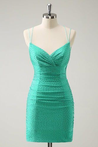 Green Spaghetti Straps Backless Tight Graduation Dress with Beading