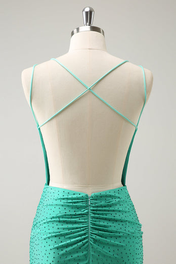 Green Spaghetti Straps Backless Tight Graduation Dress with Beading