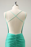 Green Spaghetti Straps Backless Tight Graduation Dress with Beading